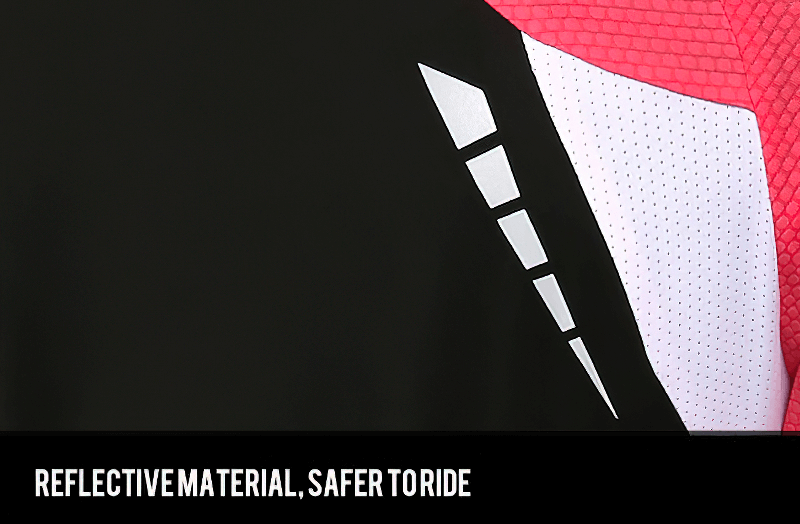 Close-up of reflective material on a breathable cycling jersey for enhanced visibility and safety during rides.